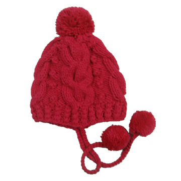 100% Acrylic Hand Knit Cable Pattern Hat with Pompom