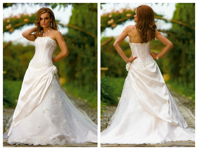 A-Line Strapless Taffeta Organza Satin Wedding Dress
