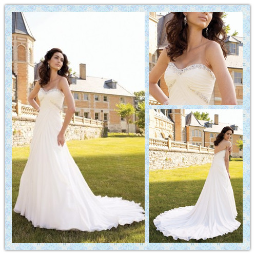 A Line Strapless Court Train Satin Chiffon White Wedding Dress ( A Line Strapless Court Train Satin Chiffon White Wedding Dress (