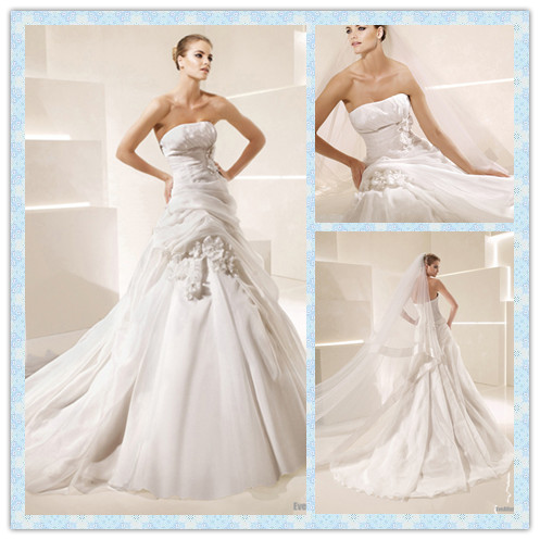 Floral Ball Gown Strapless Chapel Train Organza Wedding Dress (W Floral Ball Gown Strapless Chapel Train Organza Wedding Dress (W