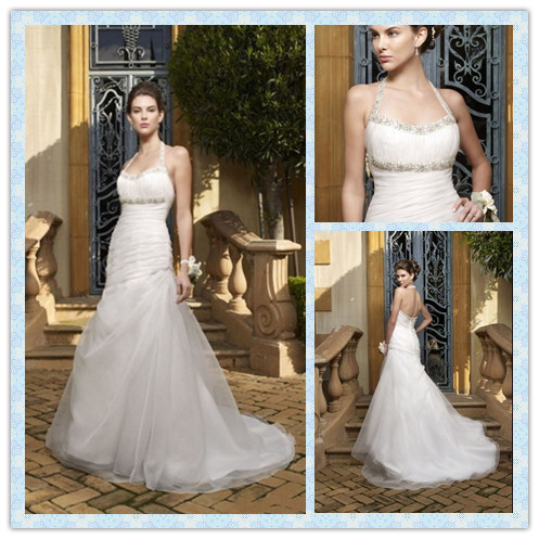 Mermaid Halter Strap Court Train Satin Tulle Organza Wedding Dre