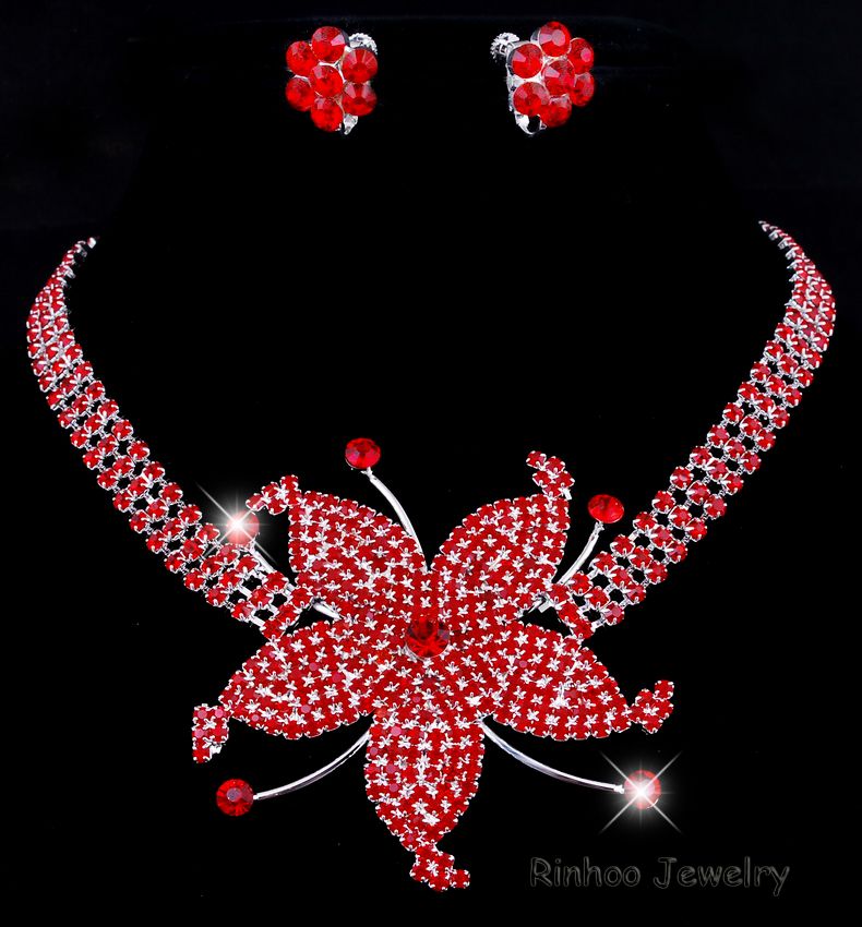 Red Flower Style Rhinestone Necklace Sets- Chinafactory.com