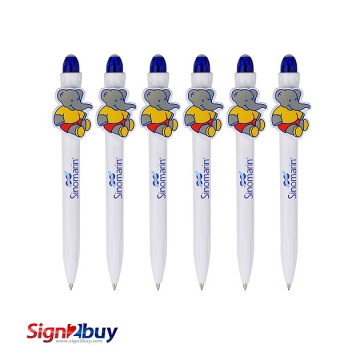 Solid White Barrel, Elephant Clip Plastic Ball Pen