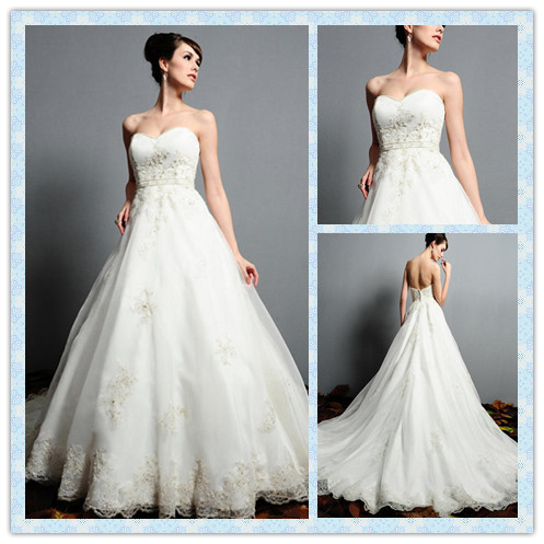 a-Line Sweetheart Chapel Train Satin Organza White Wedding Dress
